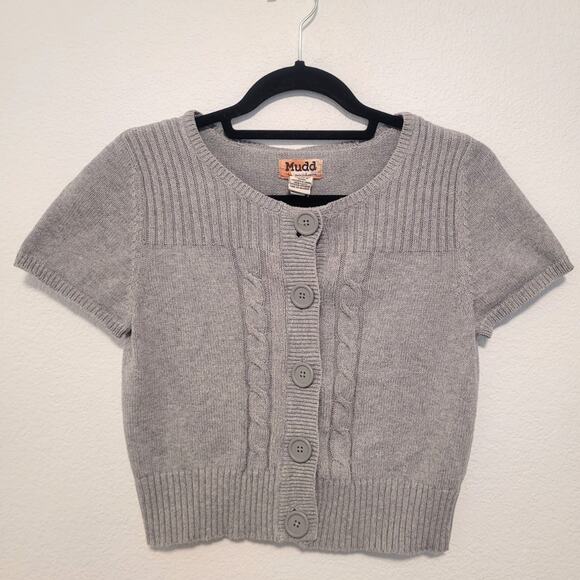 VTG Y2K Mudd Cropped Cable Knit Cardigan Sweater Sz L Gray Twee Preppy Fisherman - Picture 7 of 7
